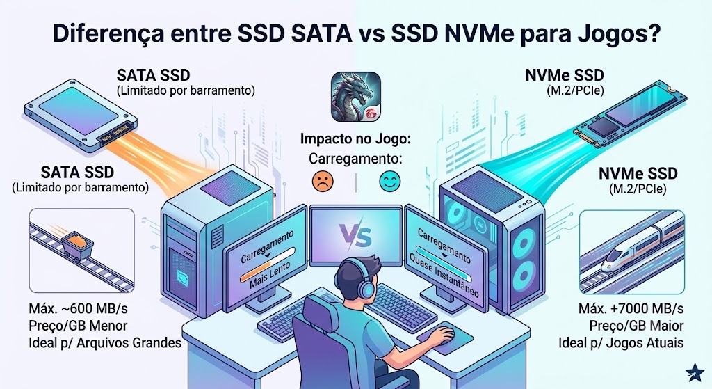 Qual a diferença entre SSD SATA e SSD NVMe para jogos?